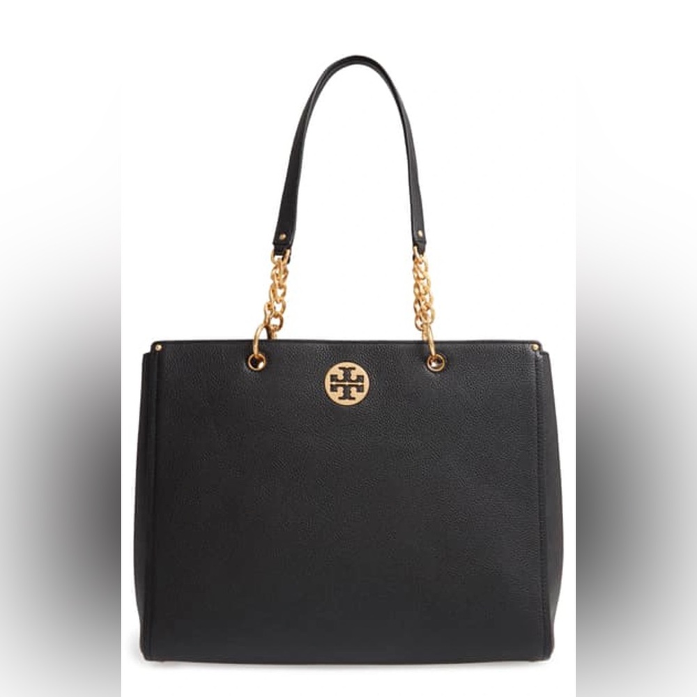 Tory Burch Everly Black Leather Tote with Gold Chain Handles